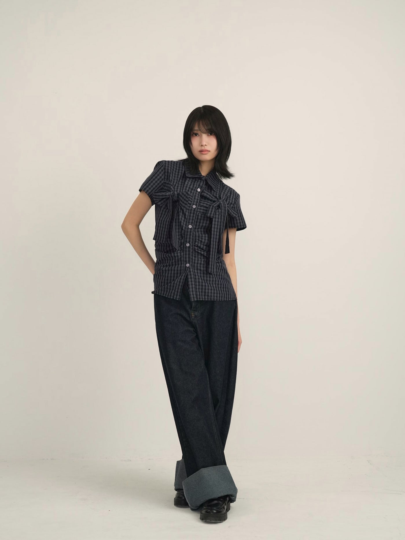 w ribbon check blouse