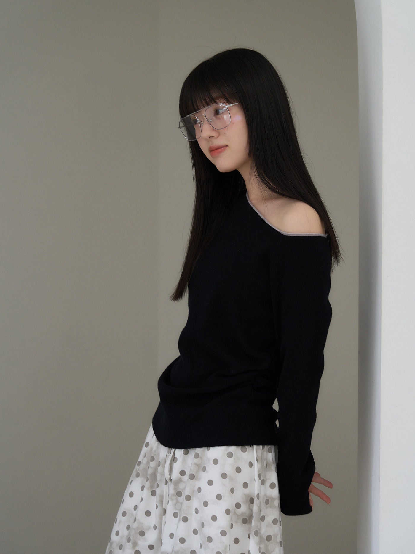 colorblock asymmetry shoulder knit