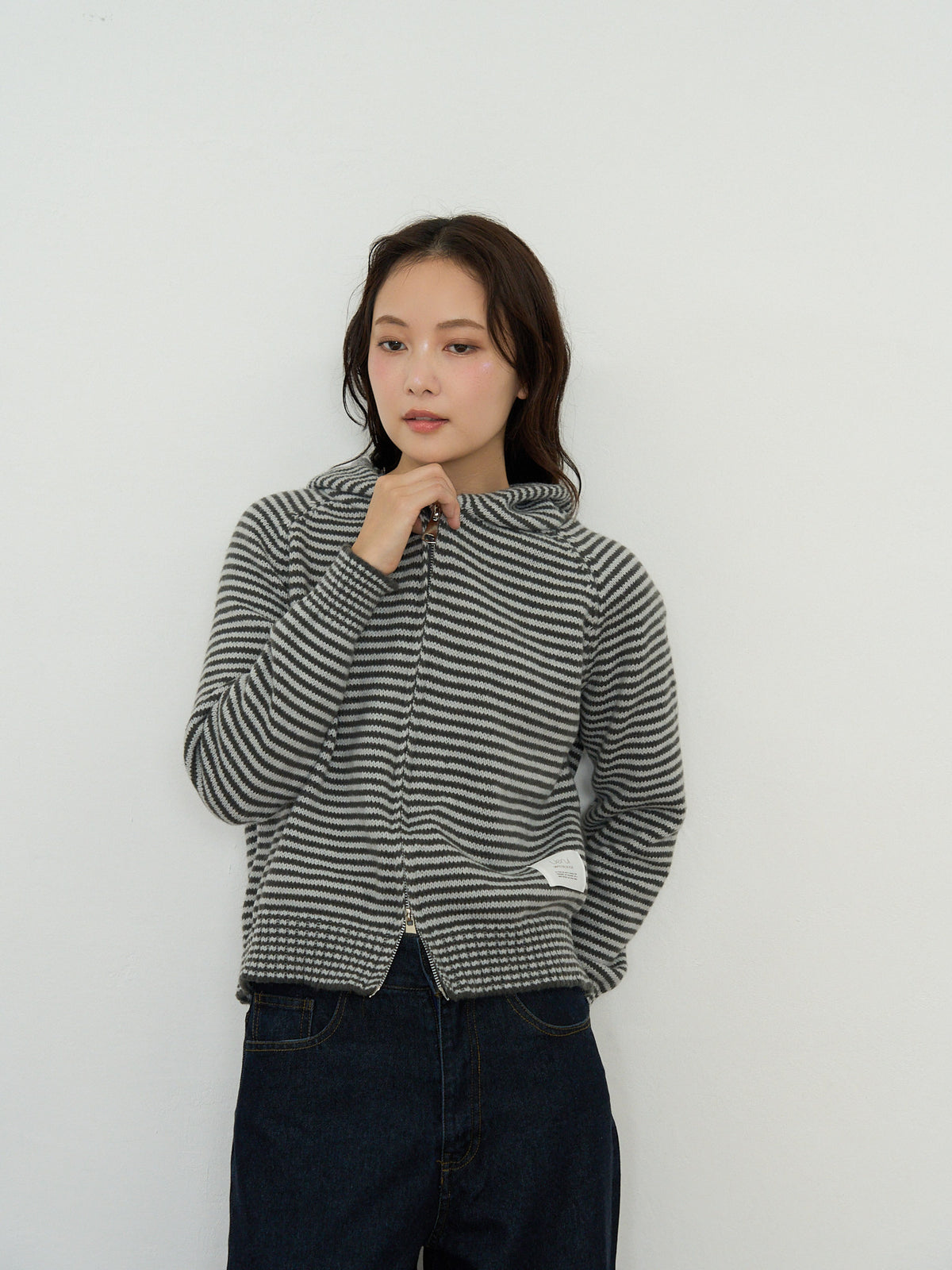 border knit zip hoodie