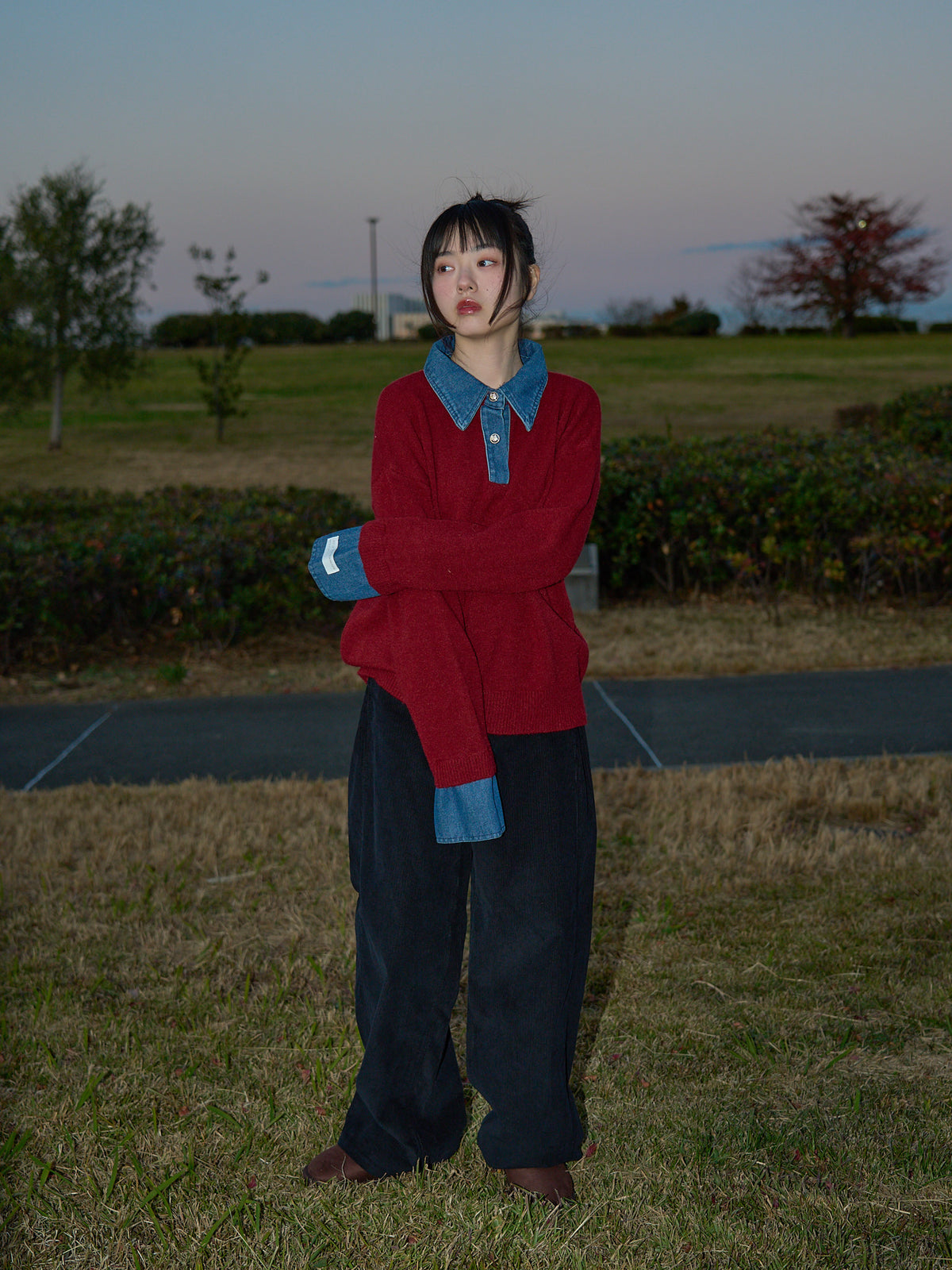 denim collar knit pullover