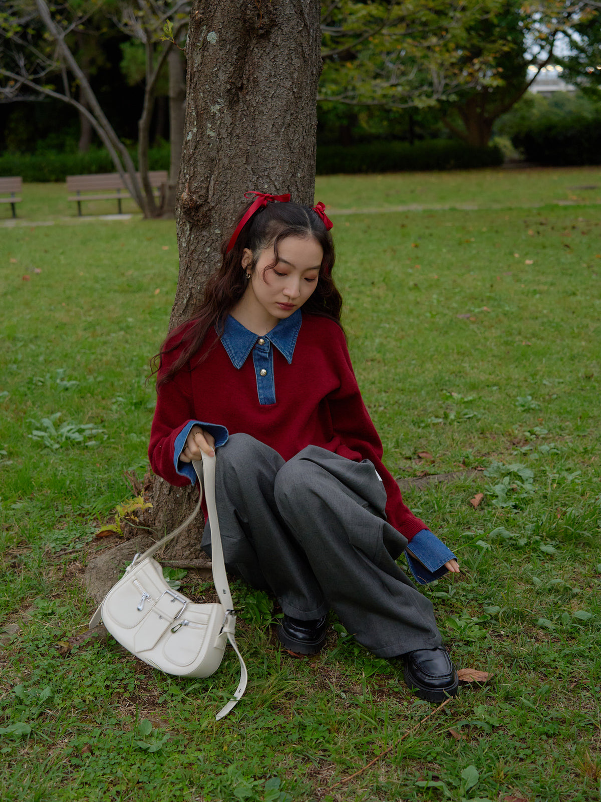 denim collar knit pullover