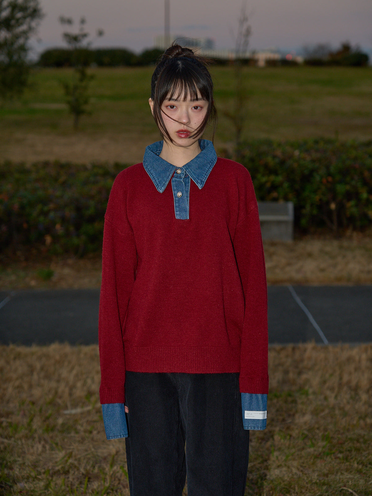 denim collar knit pullover