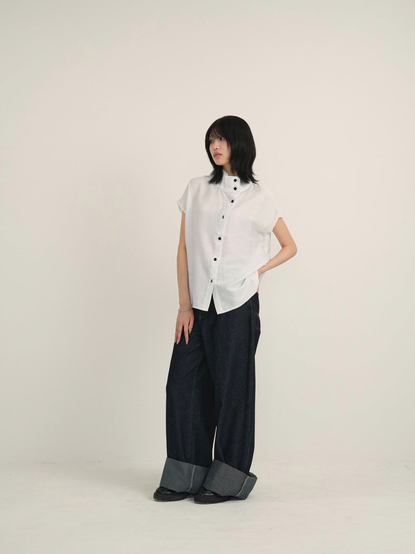 cotton linen stand collar shirt