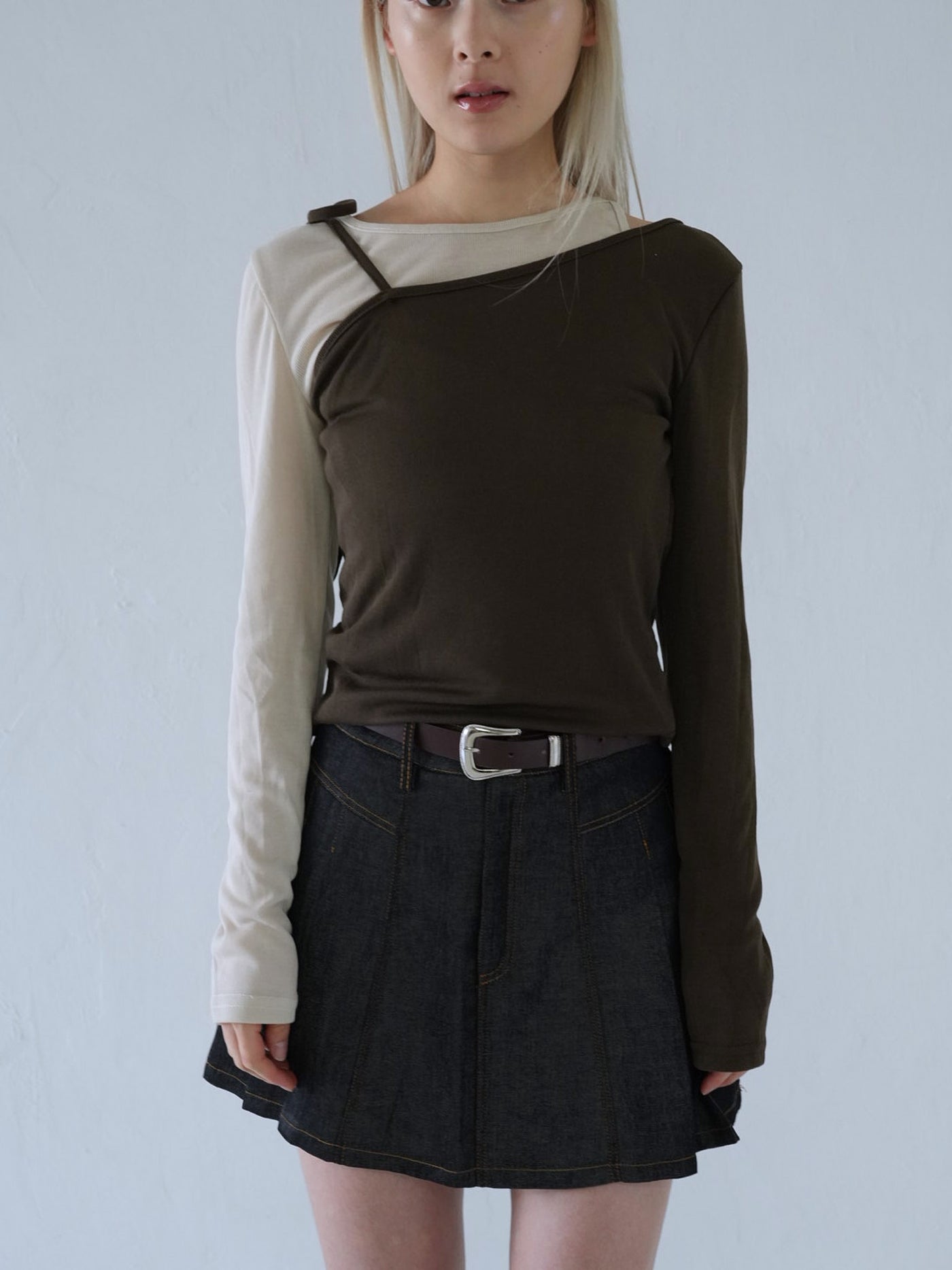 denim pleated mini skirt