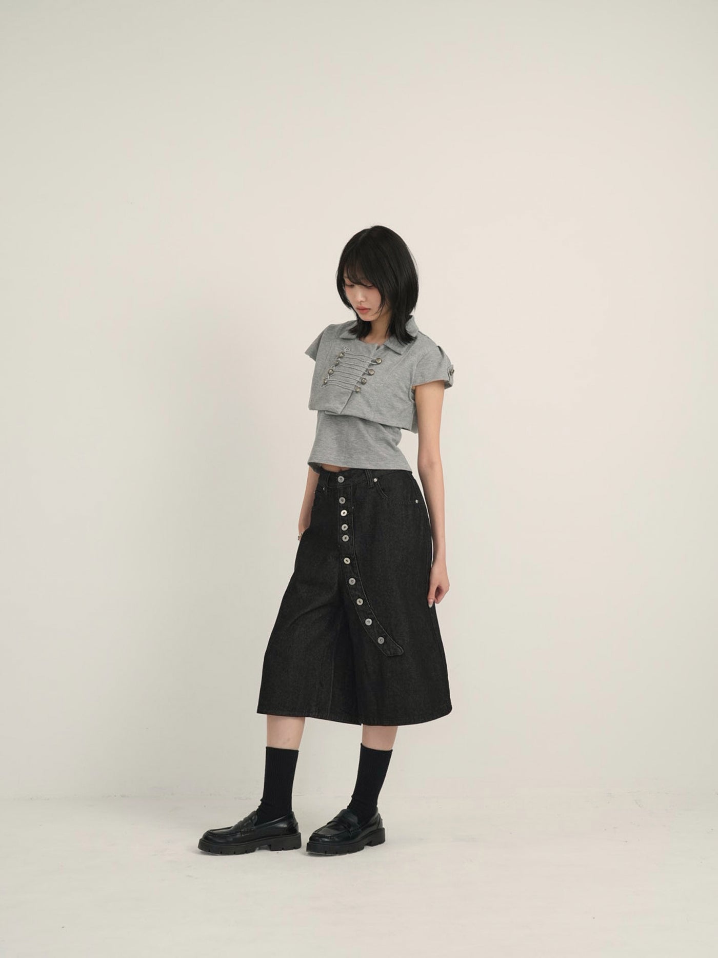 asymmetry button half denim pants