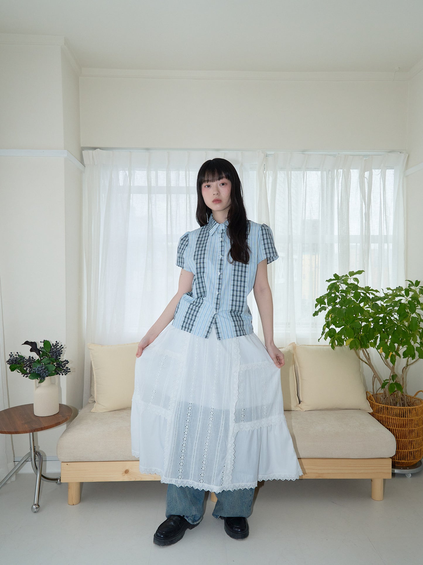 mixed stripe plaid shirt