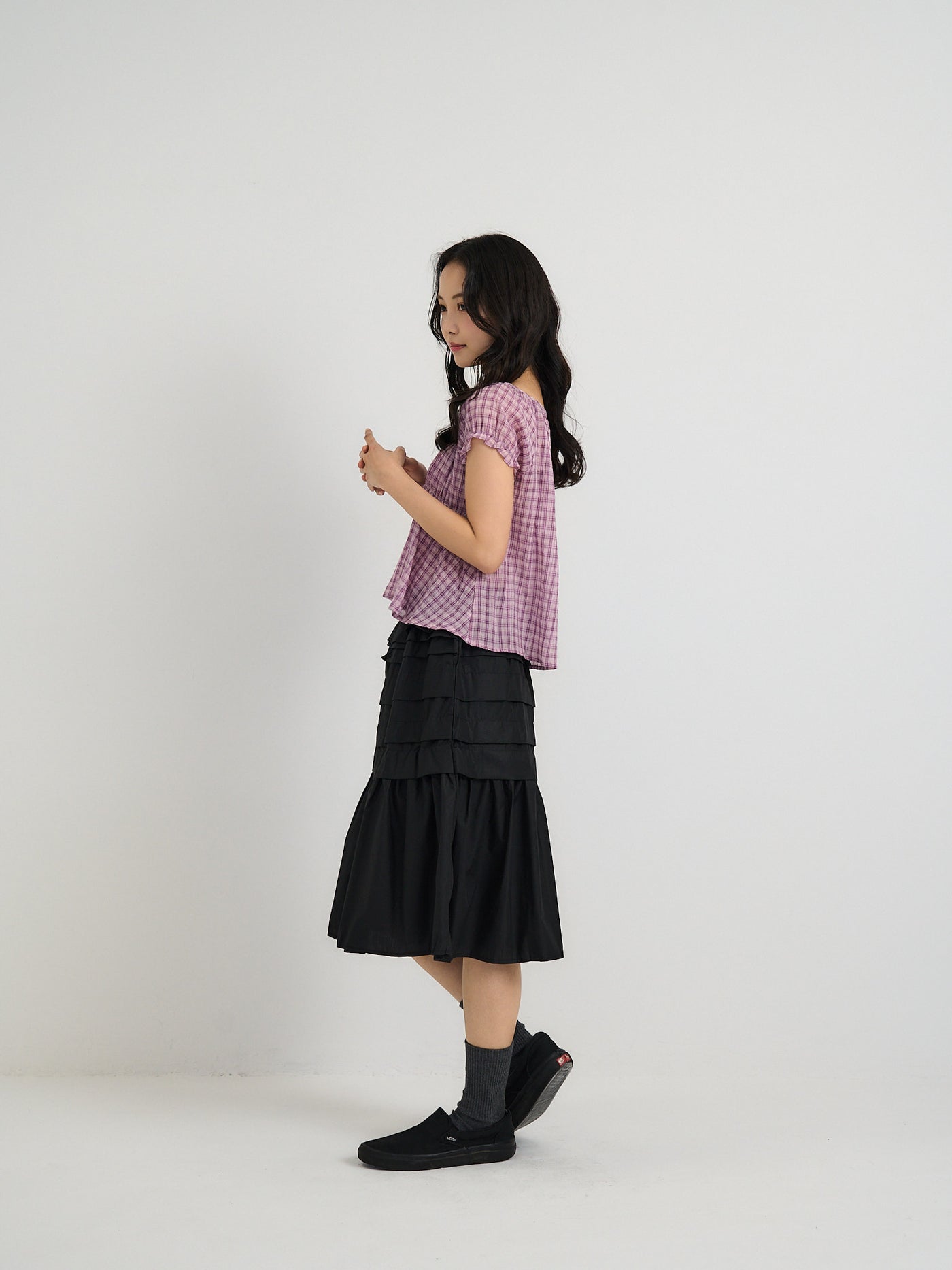 tiered pleated midi skirt