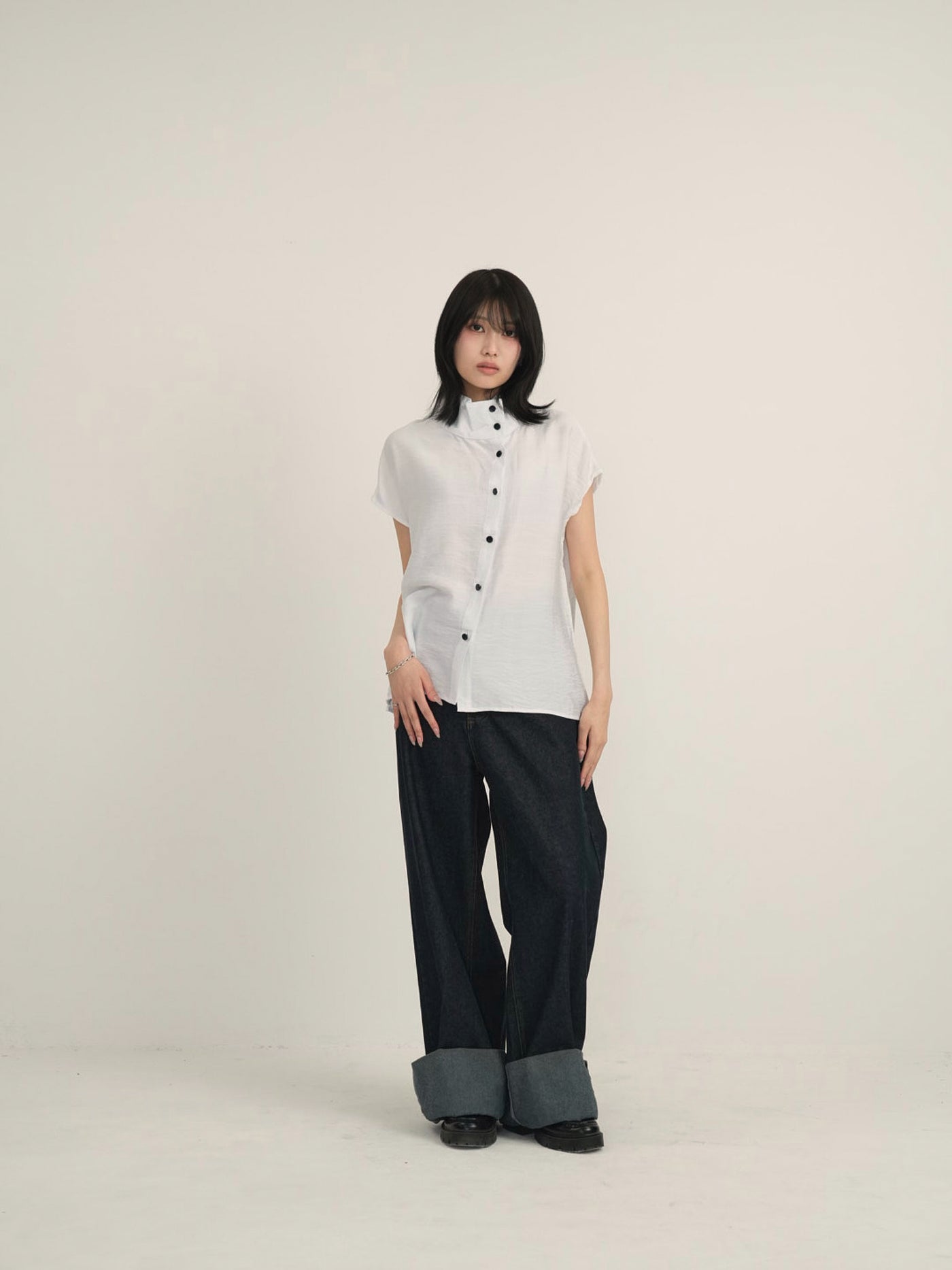 cotton linen stand collar shirt