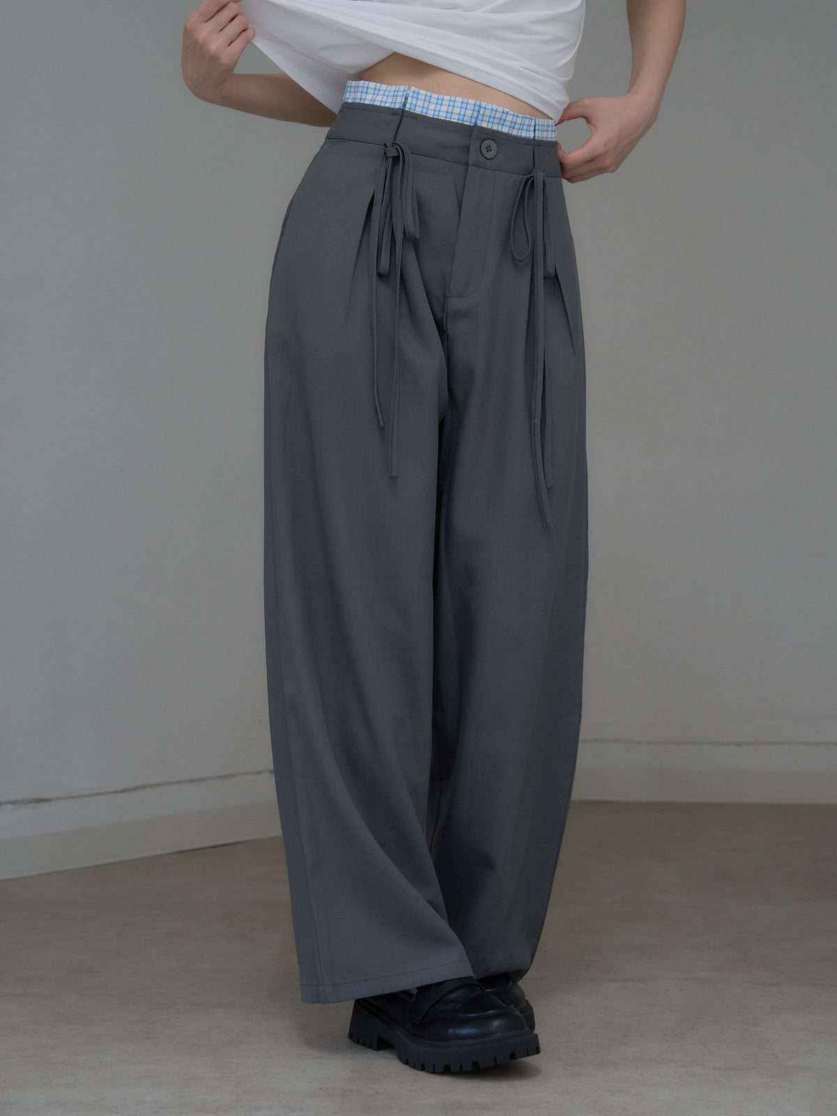 high waist ribbon wide pants
