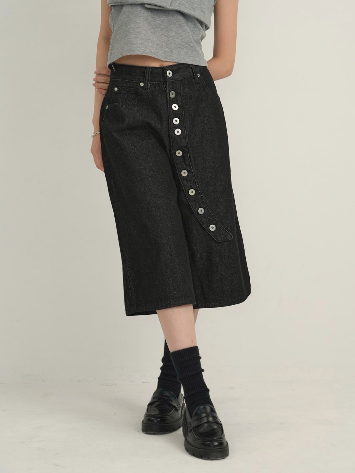 asymmetry button half denim pants