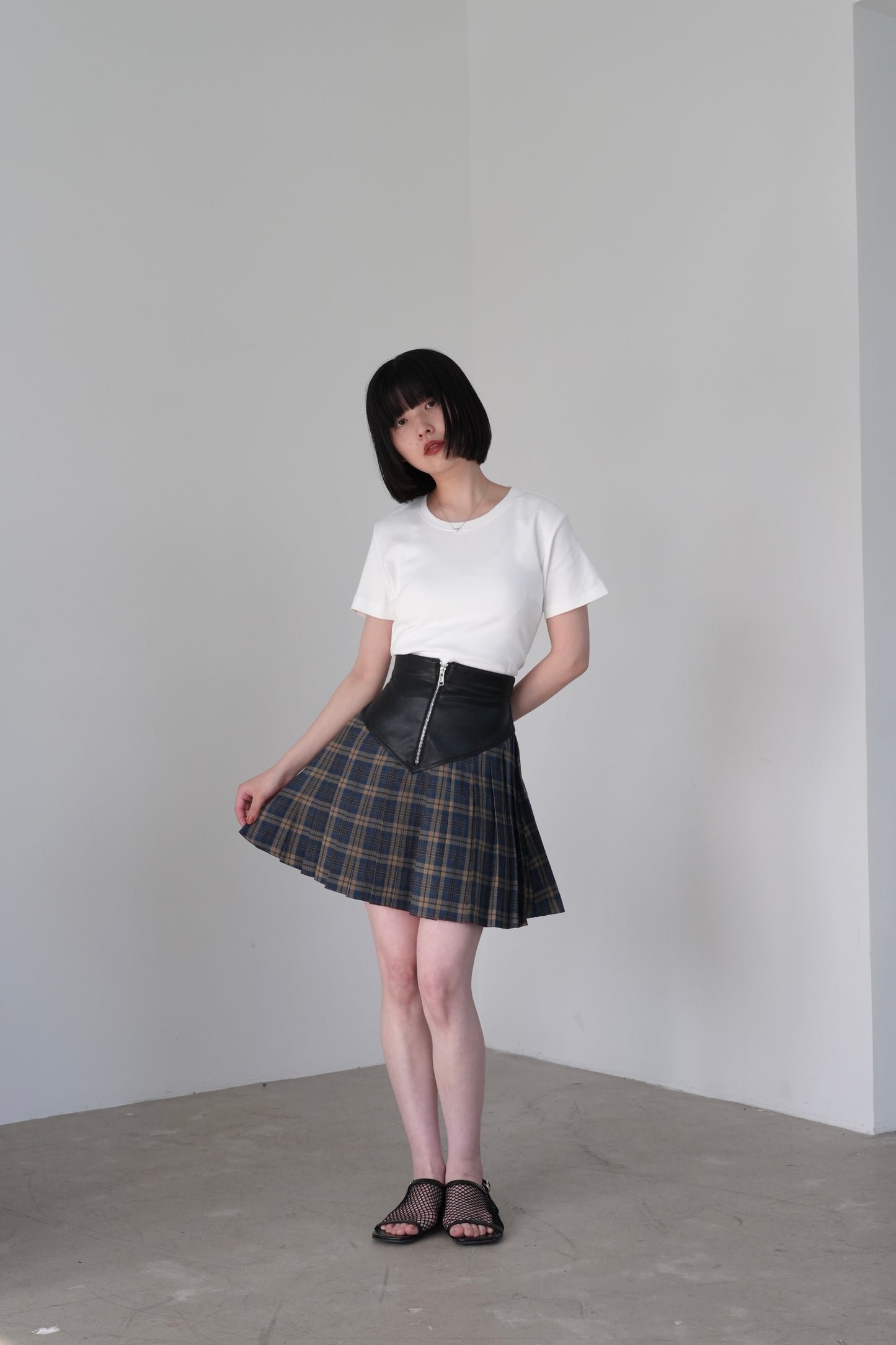 fake leather check skirt