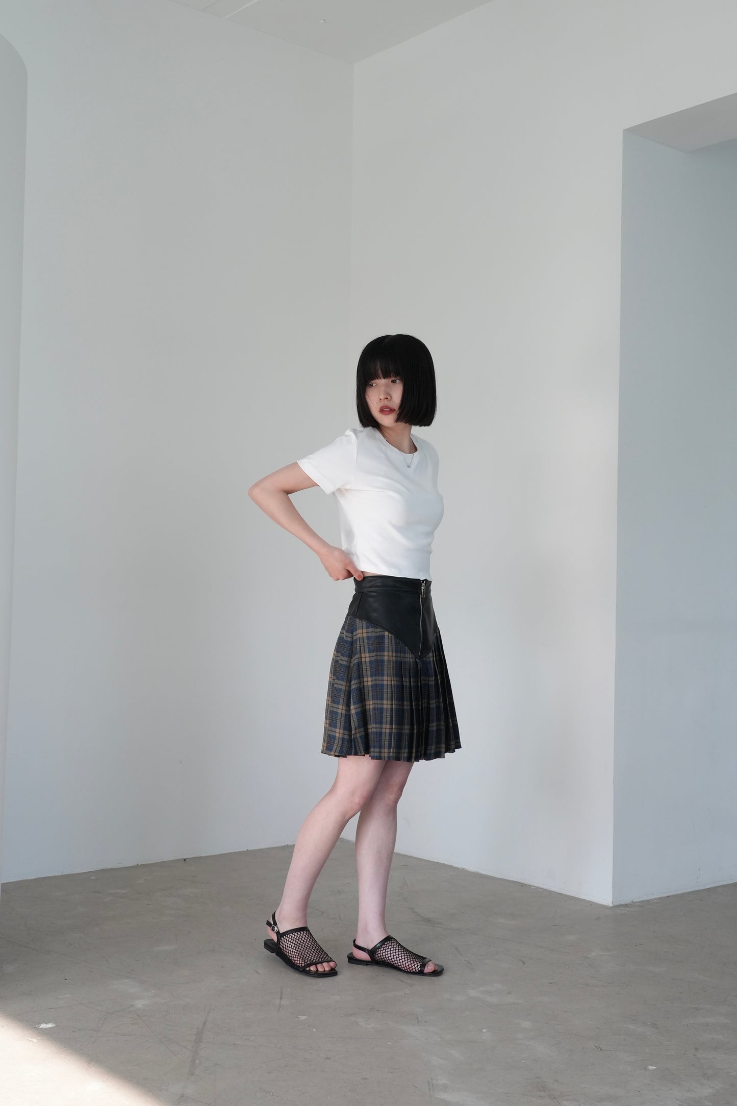 fake leather check skirt