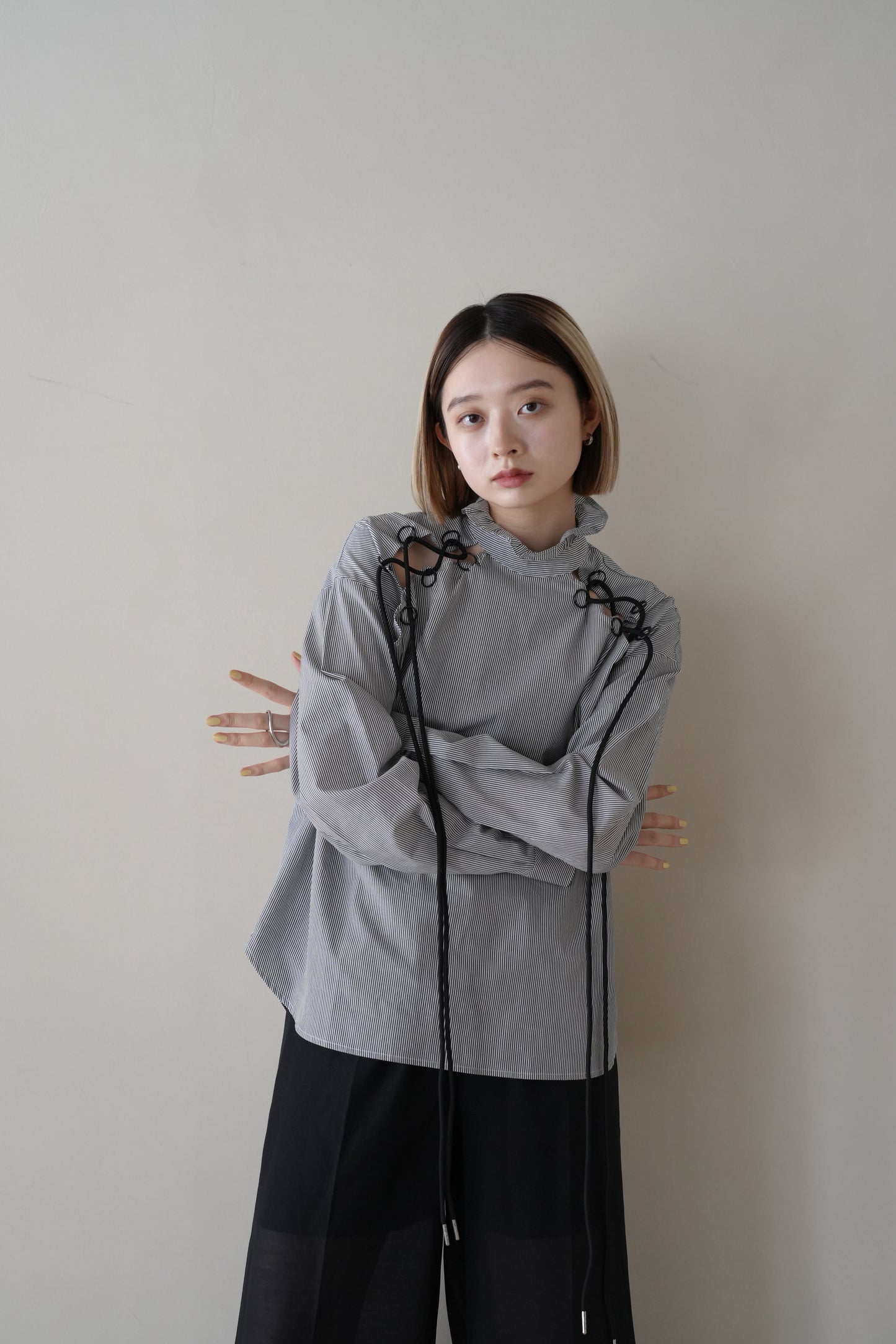 lace up ruffle neck shirt