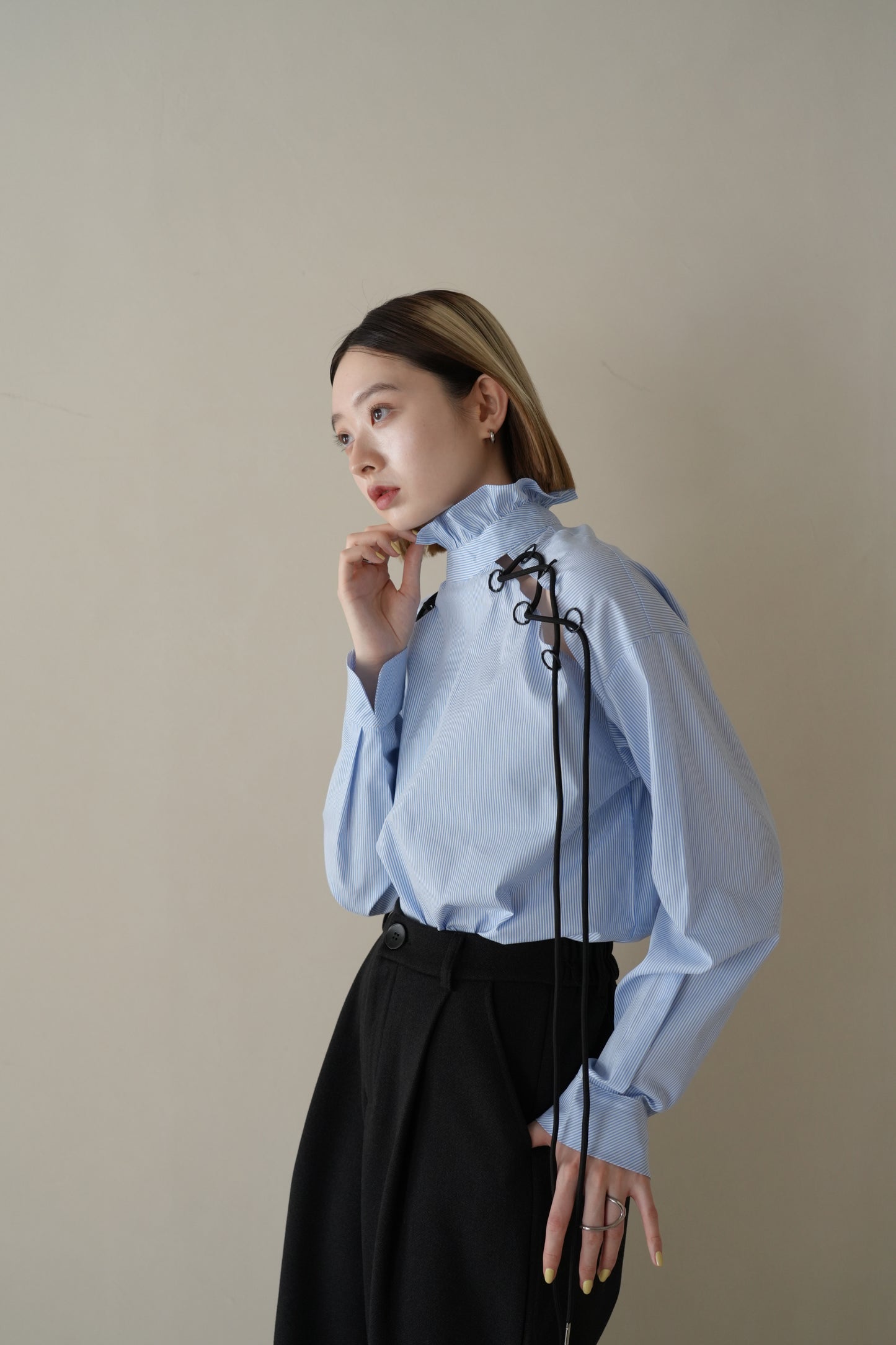 lace up ruffle neck shirt