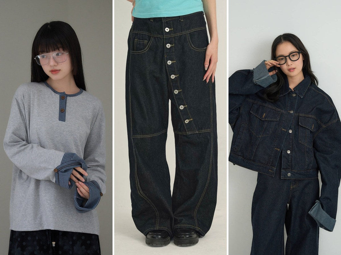 グレーのヘンリーTEE・アシンメトリーボタンデニムパンツ・クロップドデニムジャケットの3点コーデ