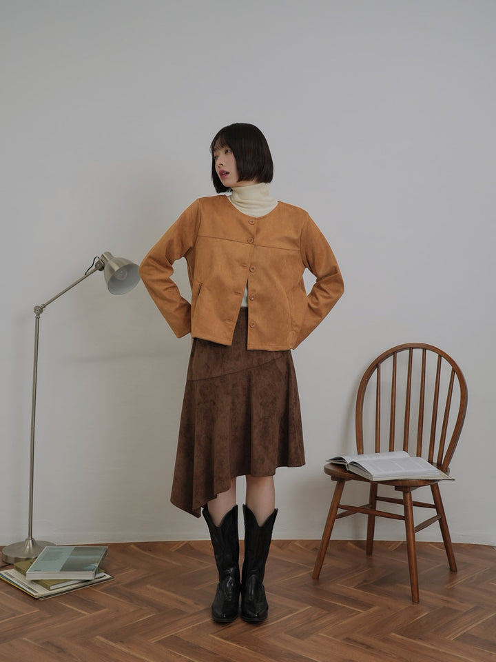 collarless suede jacket