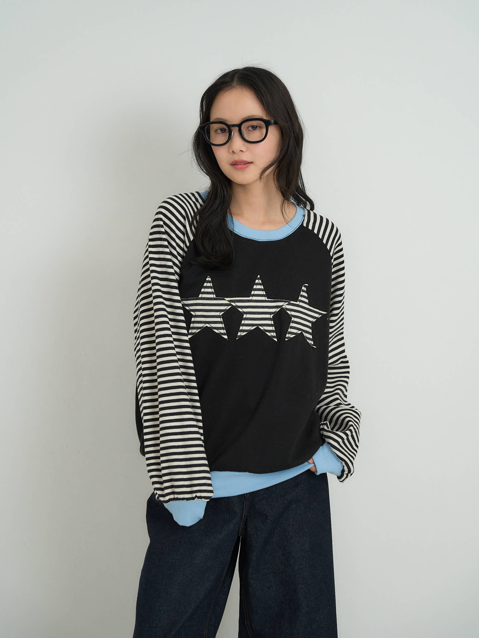 star patch border long tee｜オーバーサイズボーダートップス｜uenui