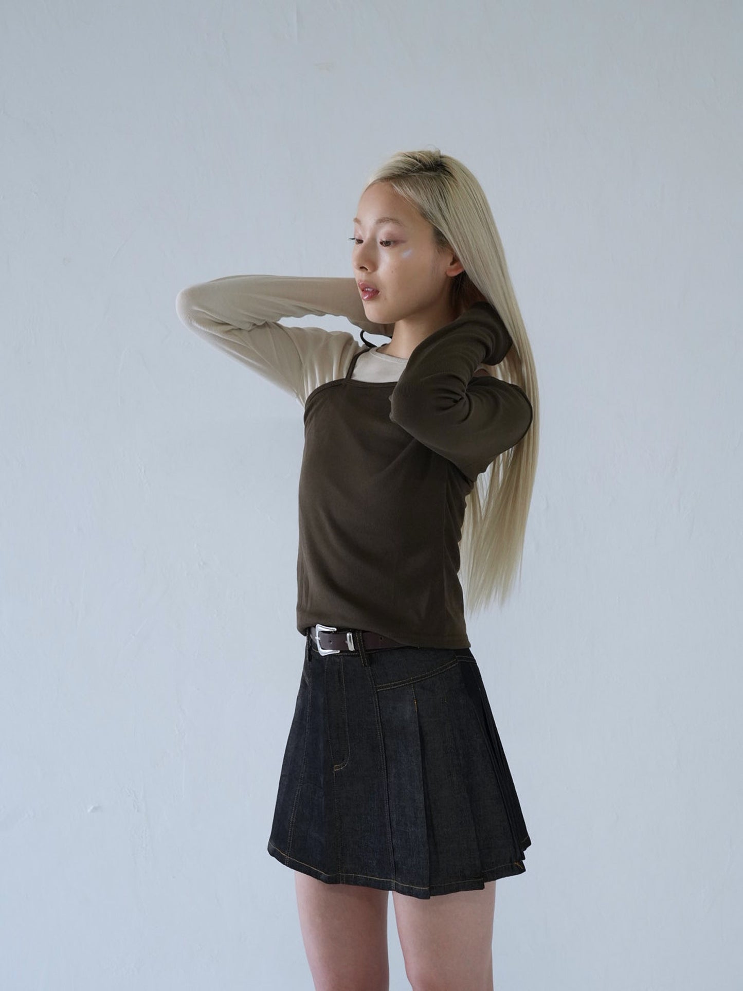 denim pleated mini skirt