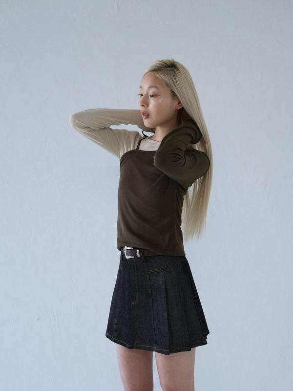 denim pleated mini skirt