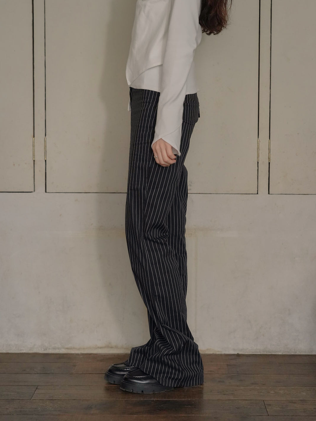 low rise pinstripe flare pants