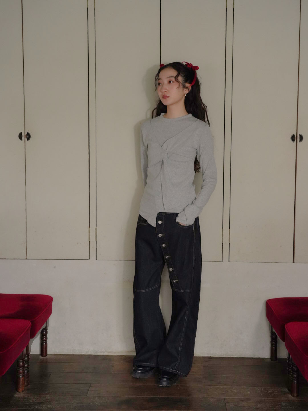 asymmetry button denim pants