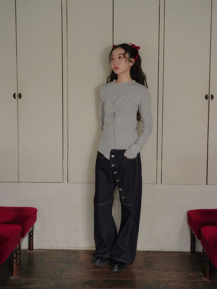 asymmetry button denim pants