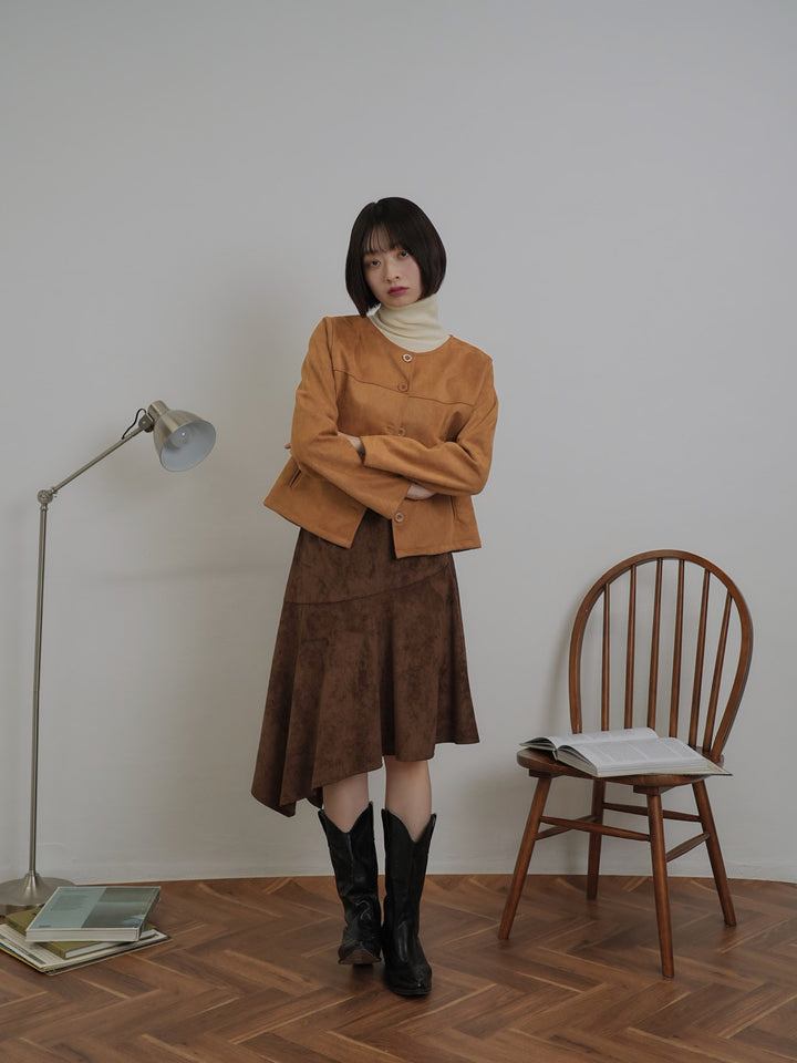 collarless suede jacket