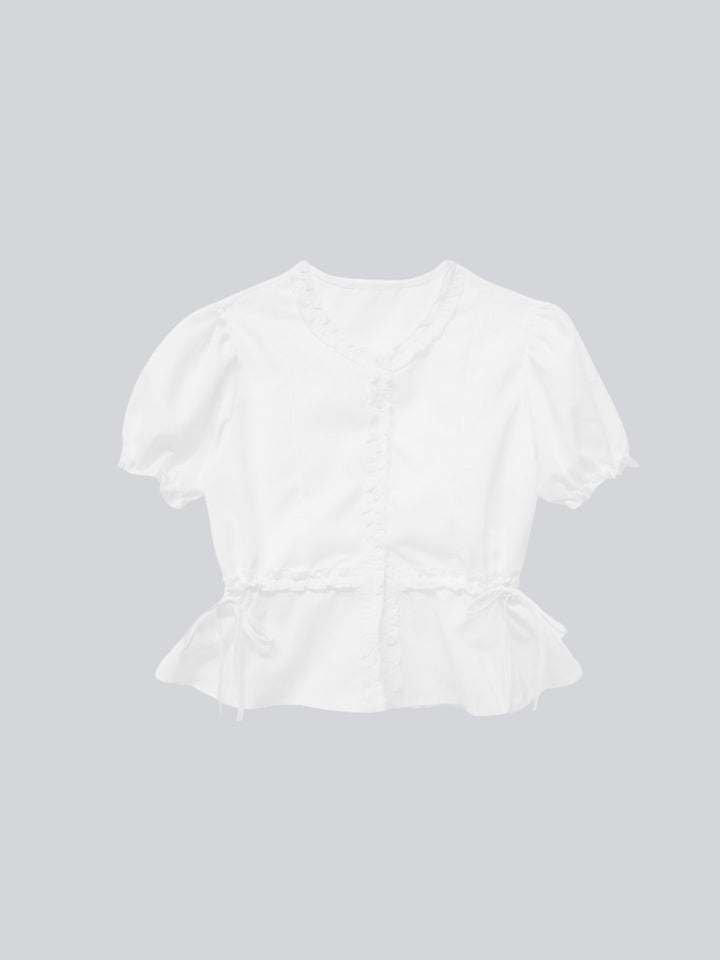 ruffle trim puff sleeve blouse