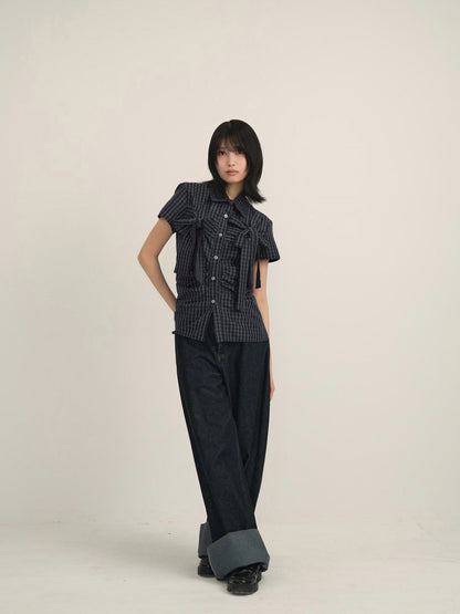 w ribbon check blouse