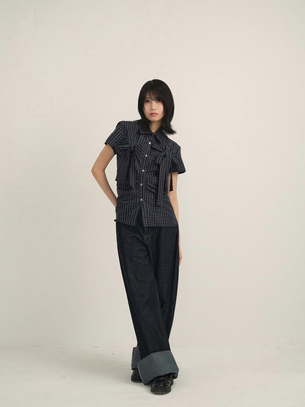 w ribbon check blouse