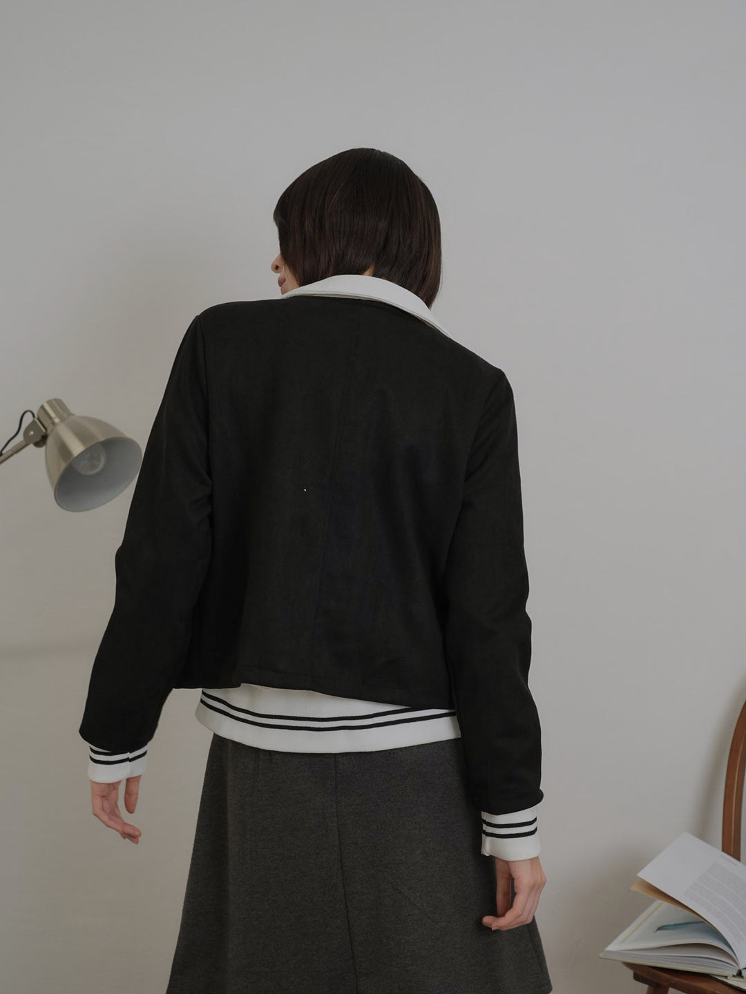 collarless suede jacket