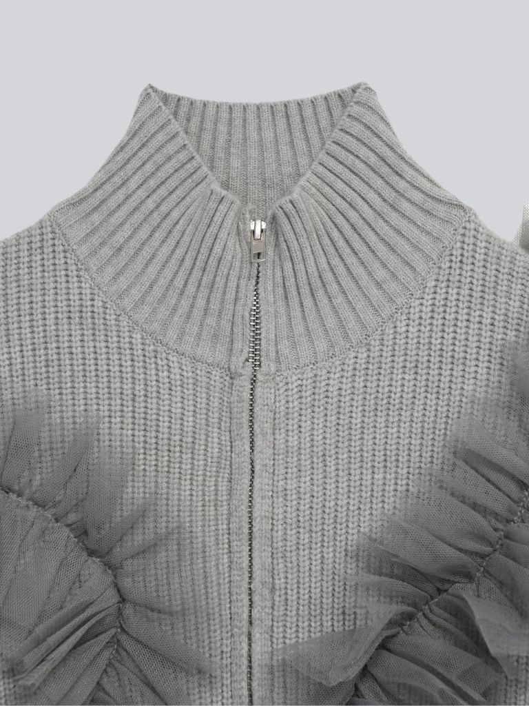 sheer frill zip knit