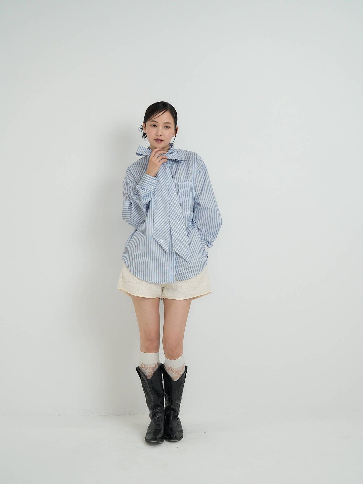 blue stripe bow tie blouse