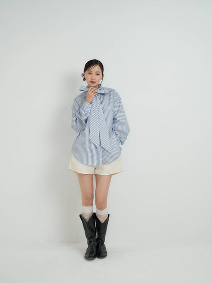 blue stripe bow tie blouse