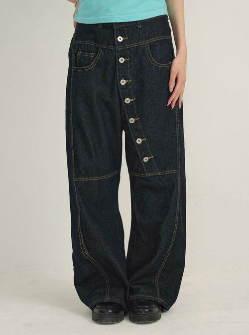 asymmetry button denim pants