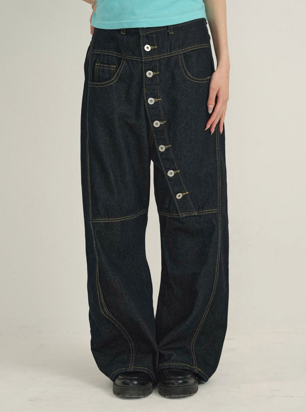 asymmetry button denim pants