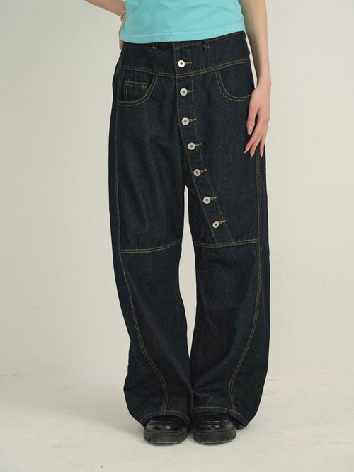 asymmetry button denim pants