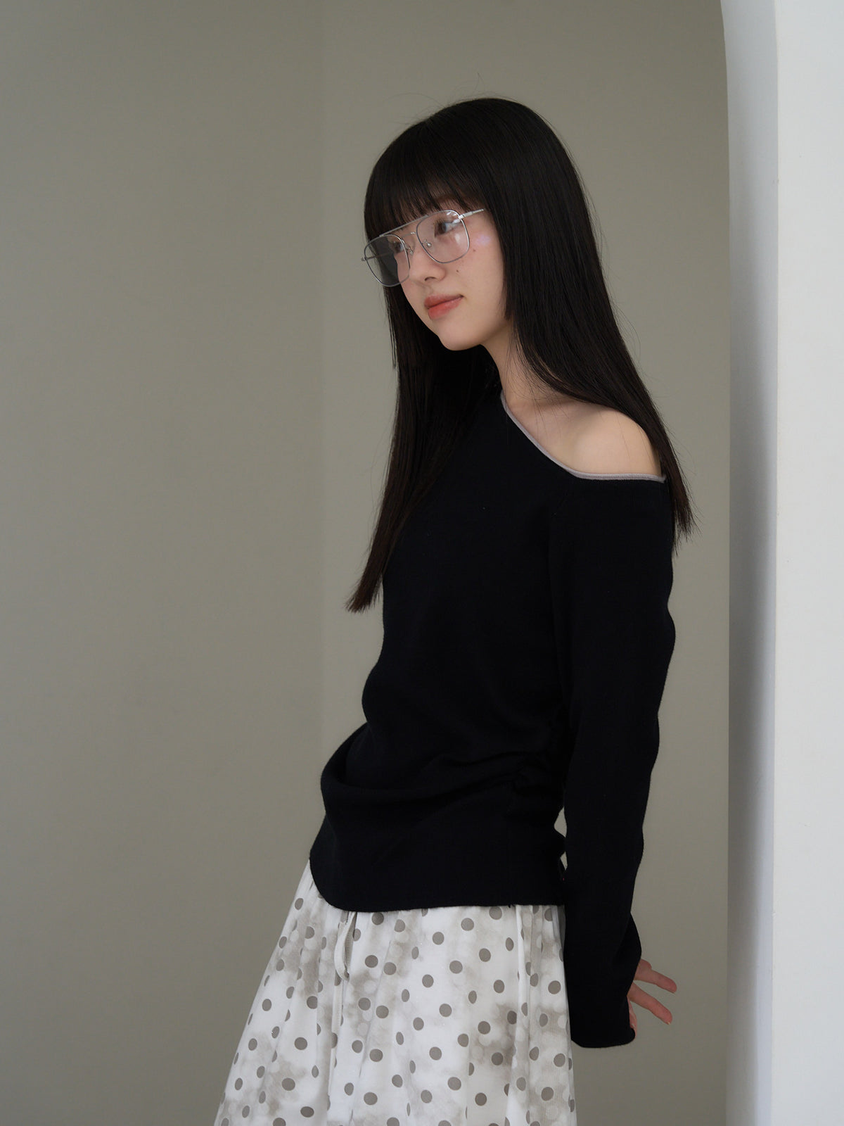 colorblock asymmetry shoulder knit