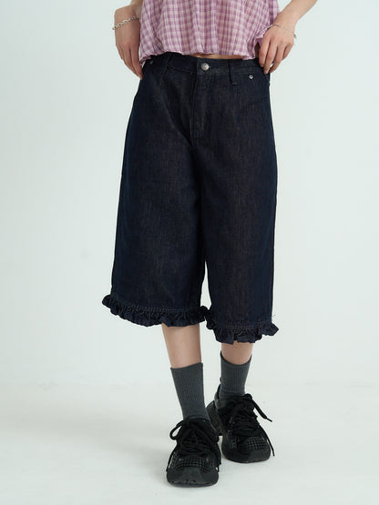 frill hem wide denim pants