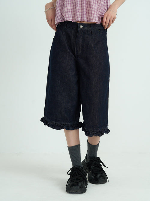 frill hem wide denim pants