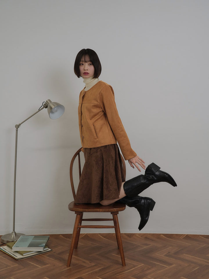 collarless suede jacket