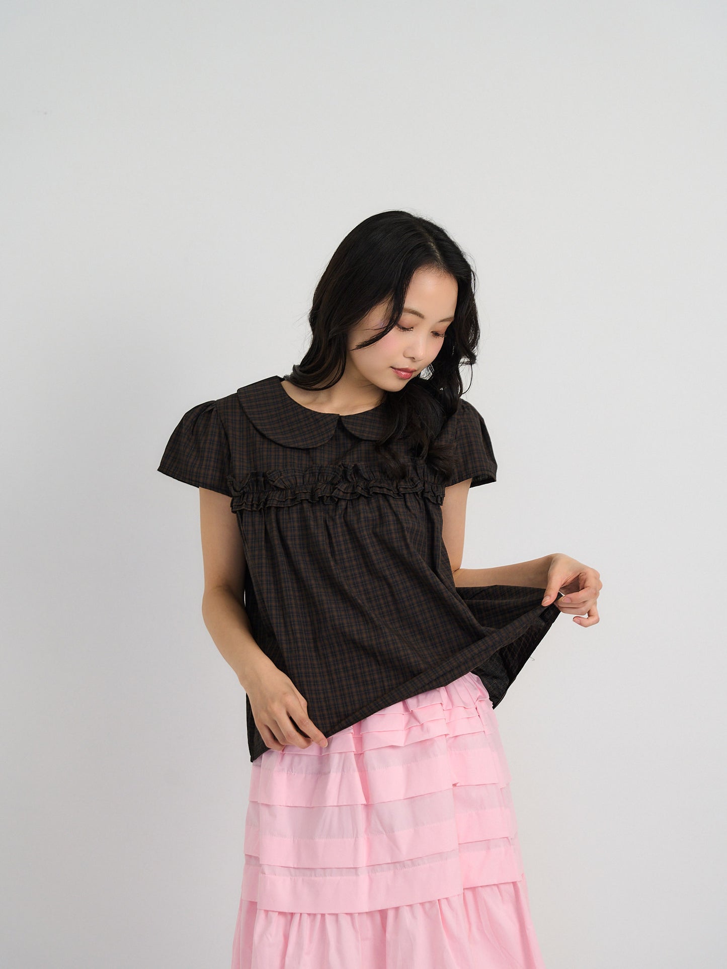 check frill collar blouse