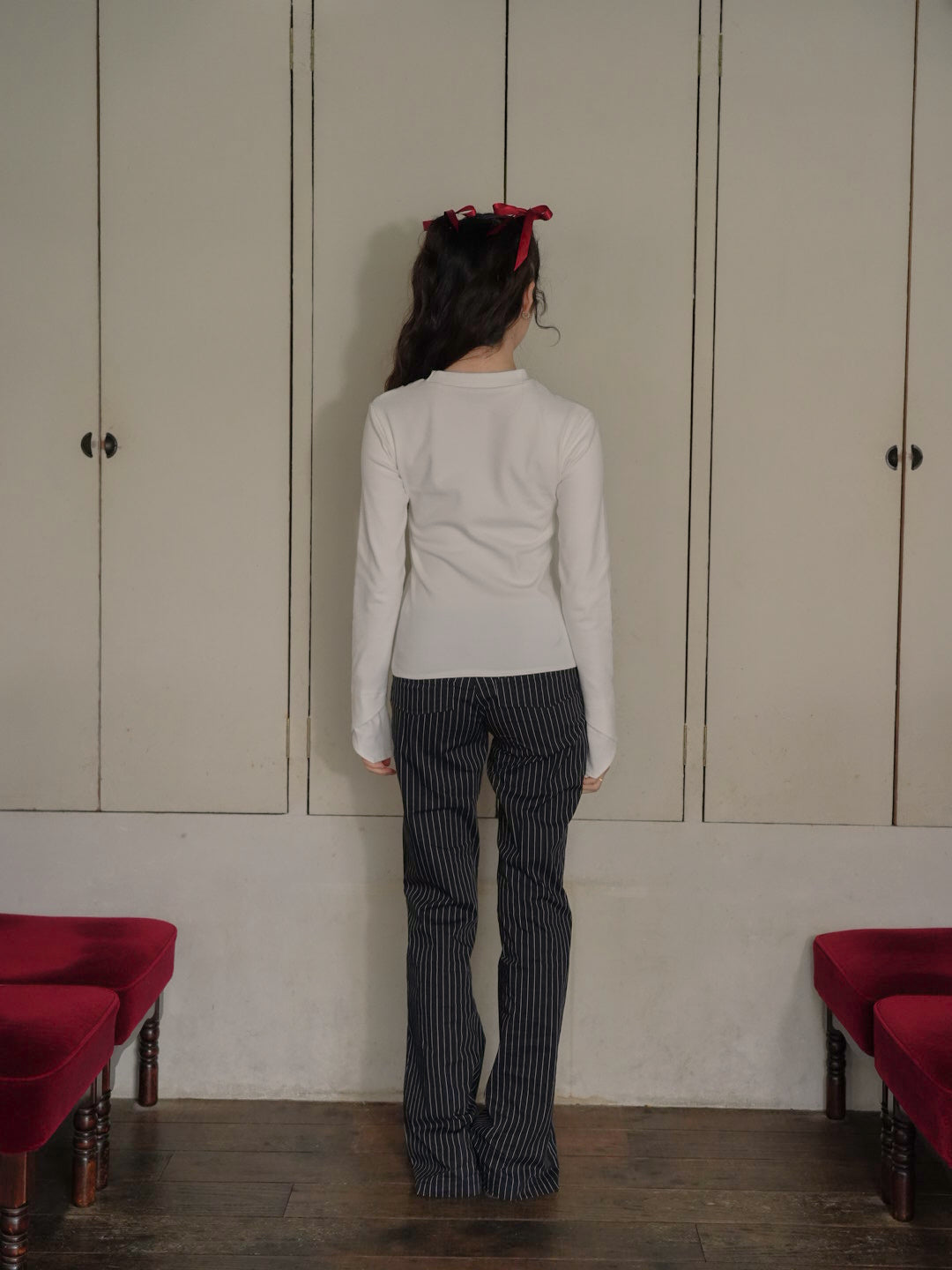 low rise pinstripe flare pants