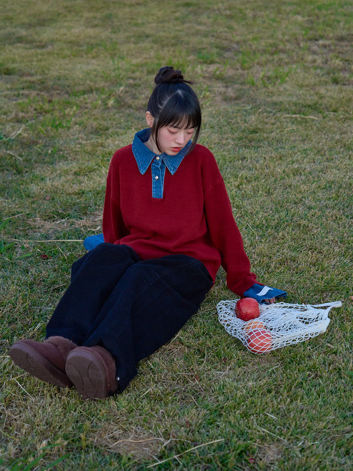 denim collar knit pullover