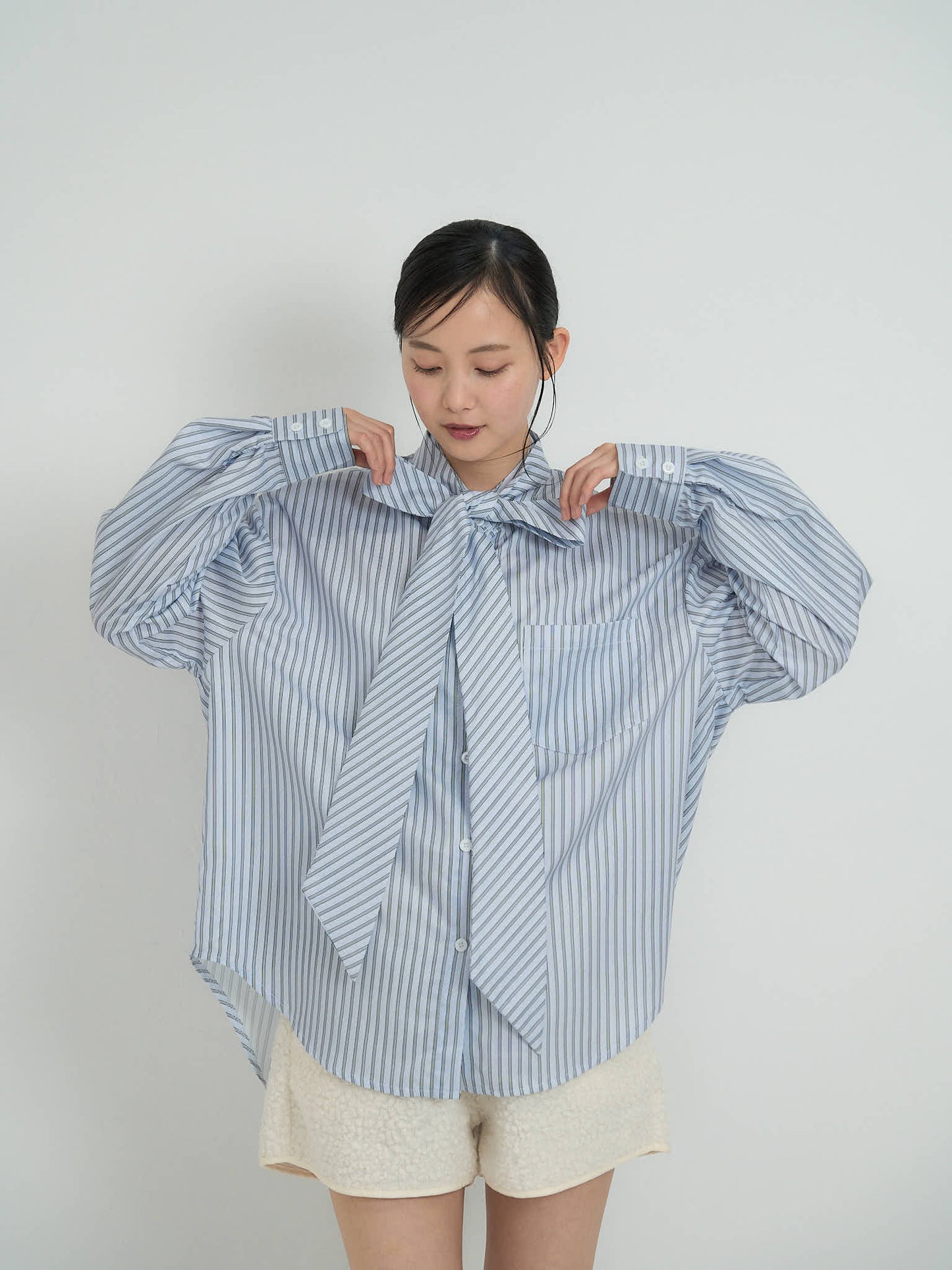blue stripe bow tie blouse
