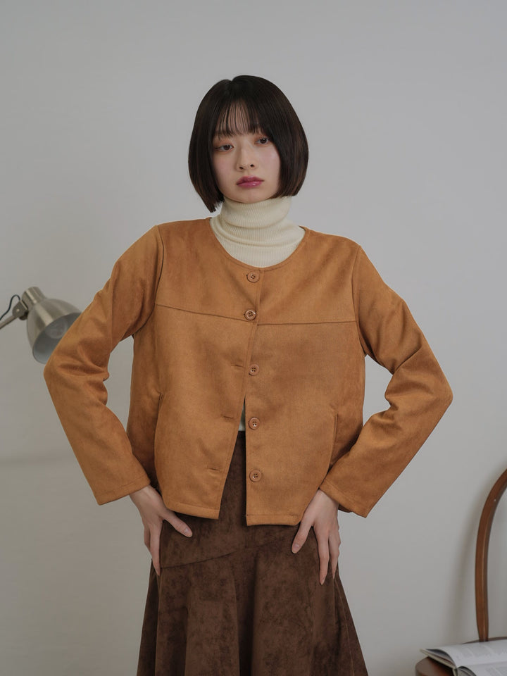 collarless suede jacket