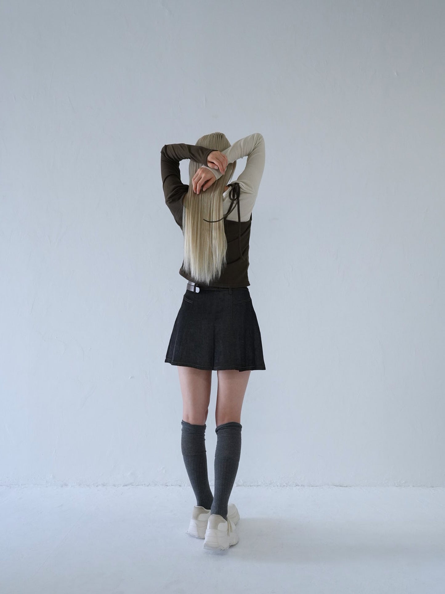 denim pleated mini skirt