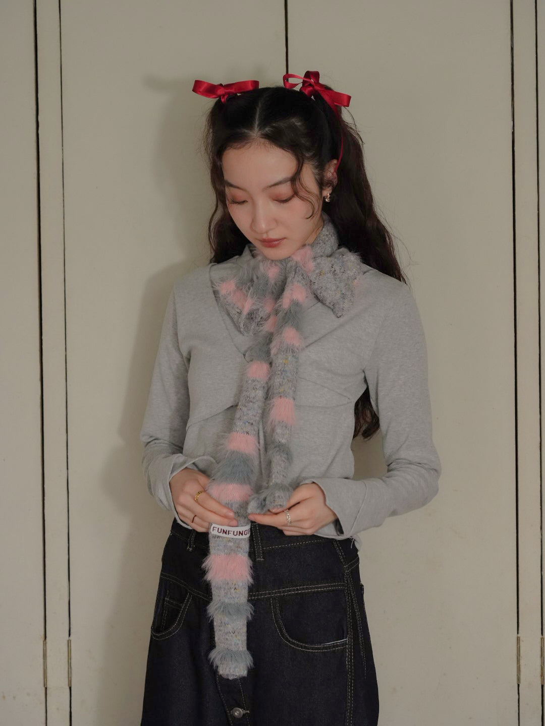 furry stripe knit muffler