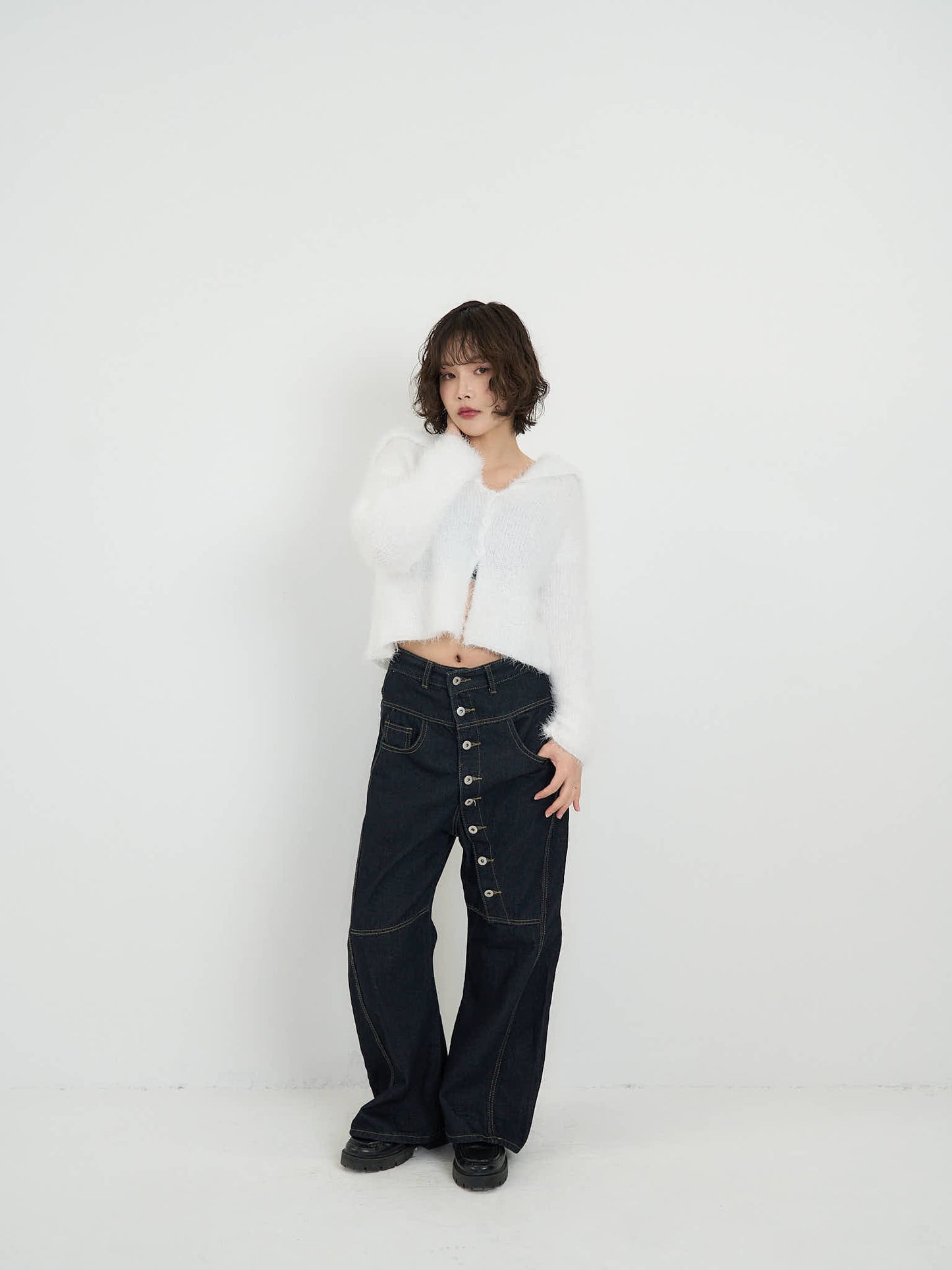 shaggy knit sailor cardigan