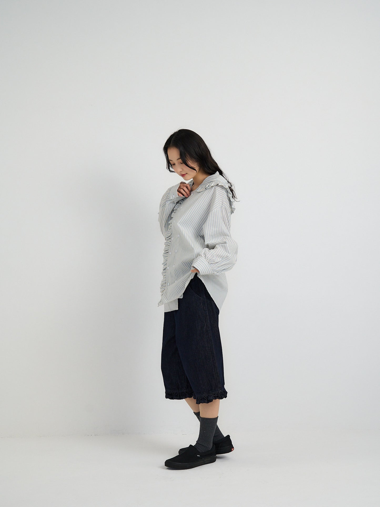frill hem wide denim pants